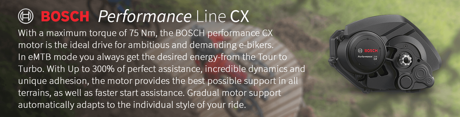 With a maximum torque of 75 Nm, the BOSCH performance CX  motor is the ideal drive for ambitious and demanding e-bikers.  In eMTB mode you always get the desired energy-from the Tour to  Turbo. With Up to 300% of perfect assistance, incredible dynamics and  unique adhesion, the motor provides the best possible support in all  terrains, as well as faster start assistance. Gradual motor support  automatically adapts to the individual style of your ride.