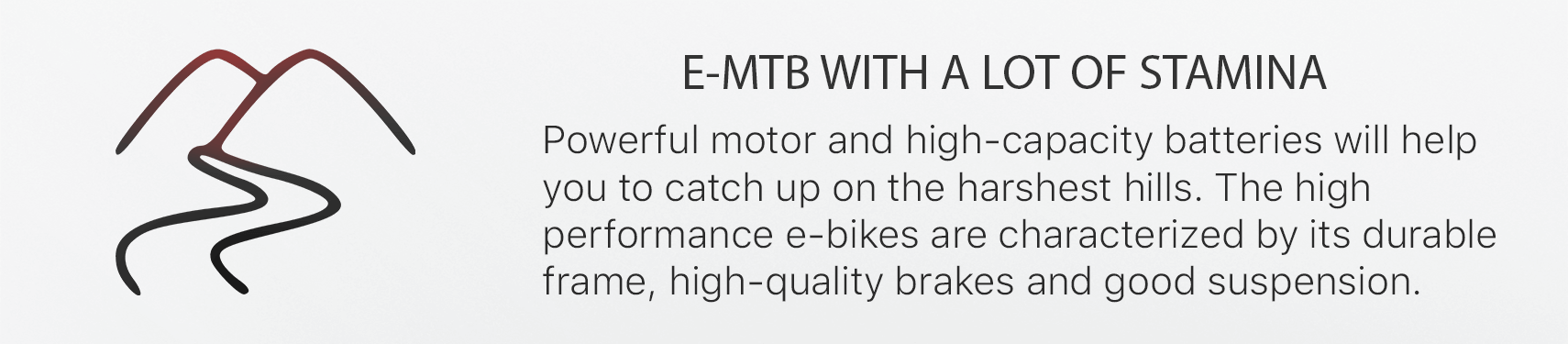 E-MTB WITH A LOT OF STAMIPowerful motor and high-capacity batteries will help  you to catch up on the harshest hills. The high  performance e-bikes are characterized by its durable  frame, high-quality brakes and good suspension.
