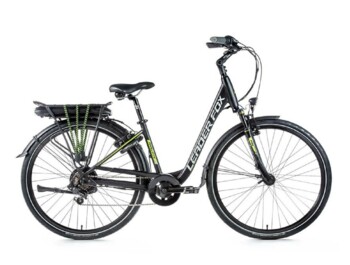 City e-bike with rear motor and low-step frame.