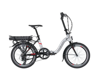 Czech folding e-bike with rear electric drive and battery on the carrier.