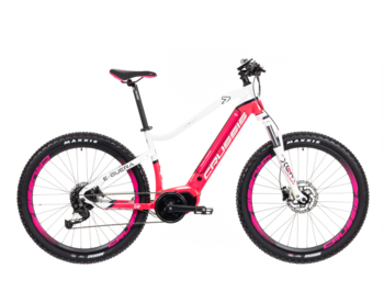 Women's mountain e-bike with Bafang M400 mid-motor, powerful 630 Wh battery, modern geometry and very attractive design. Built on comfortable 27.5" wheels. With a range of up to 150 km. Designed for off-road trips and on the bike path.
