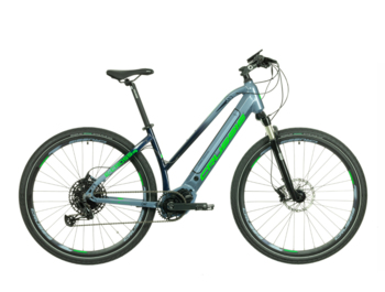 Women's electric cross bike with Bafang M500 mid-motor, powerful 630 Wh battery, clear display and geometry for a very comfortable ride and great stability. Designed for trips of all kinds. 

